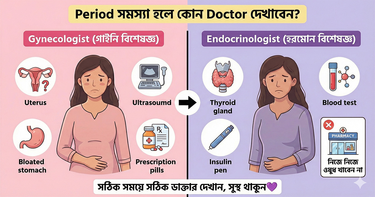<p>Period সমস্যা হলে কোন Doctor দেখাবেন?</p>